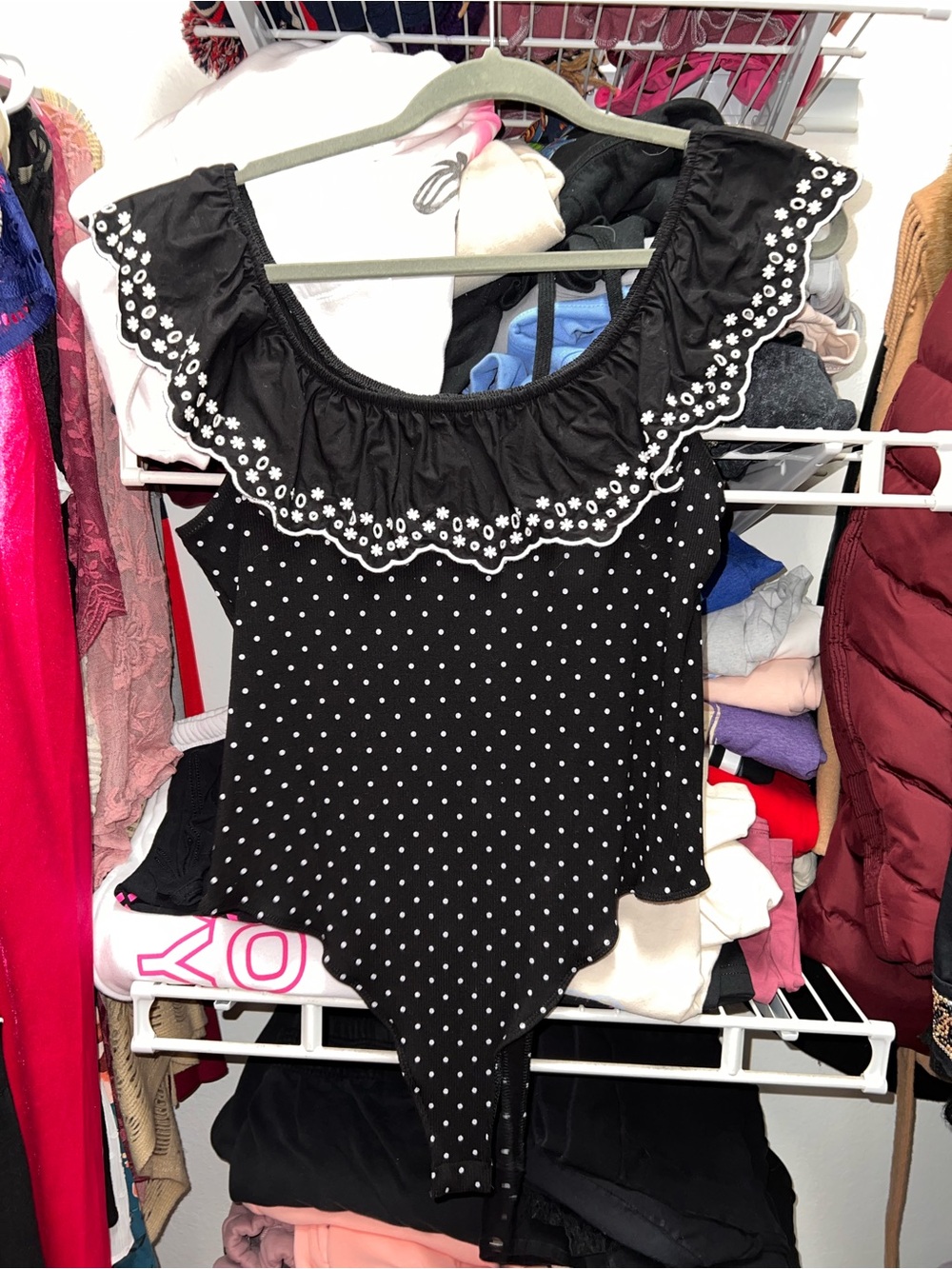 LC Lauren Conrad Black and White Polka Dot Ruffle Bodysuit
